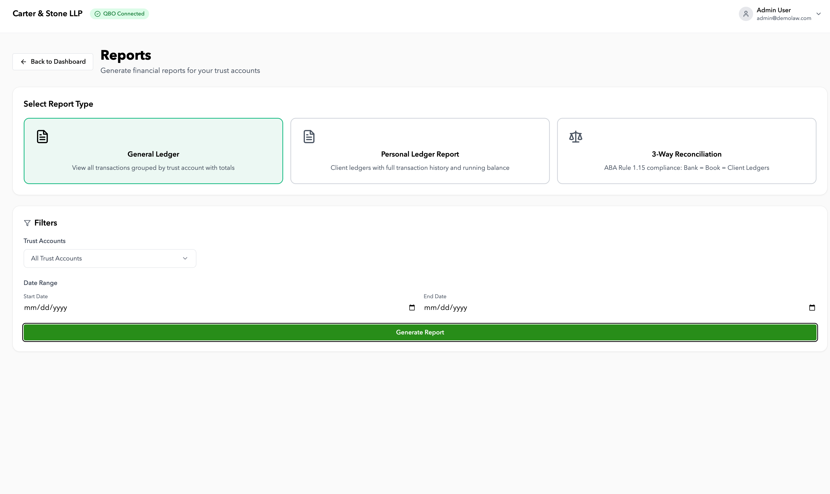Matter-level transaction history for deposits, disbursements, checks, and balances.