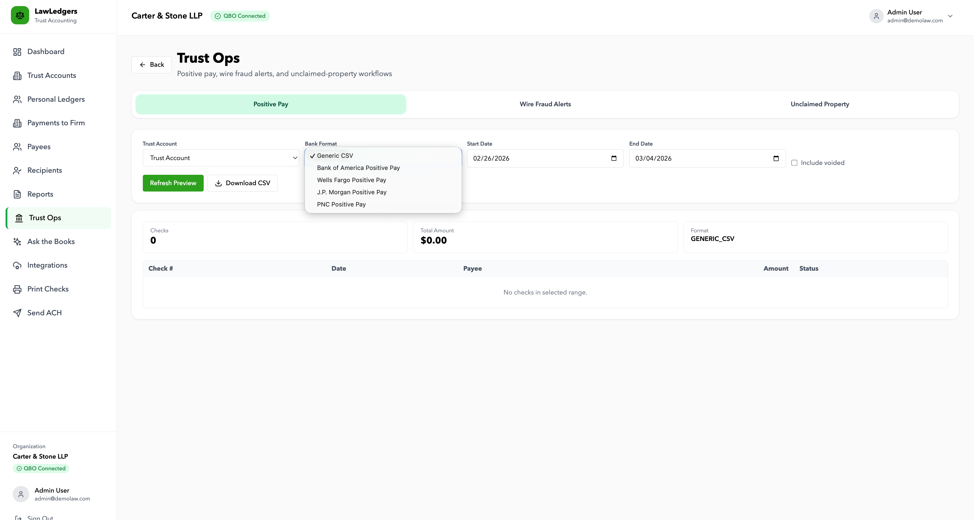 Trust Ops workflow view for positive pay, wire fraud alerts, and unclaimed-property operations.