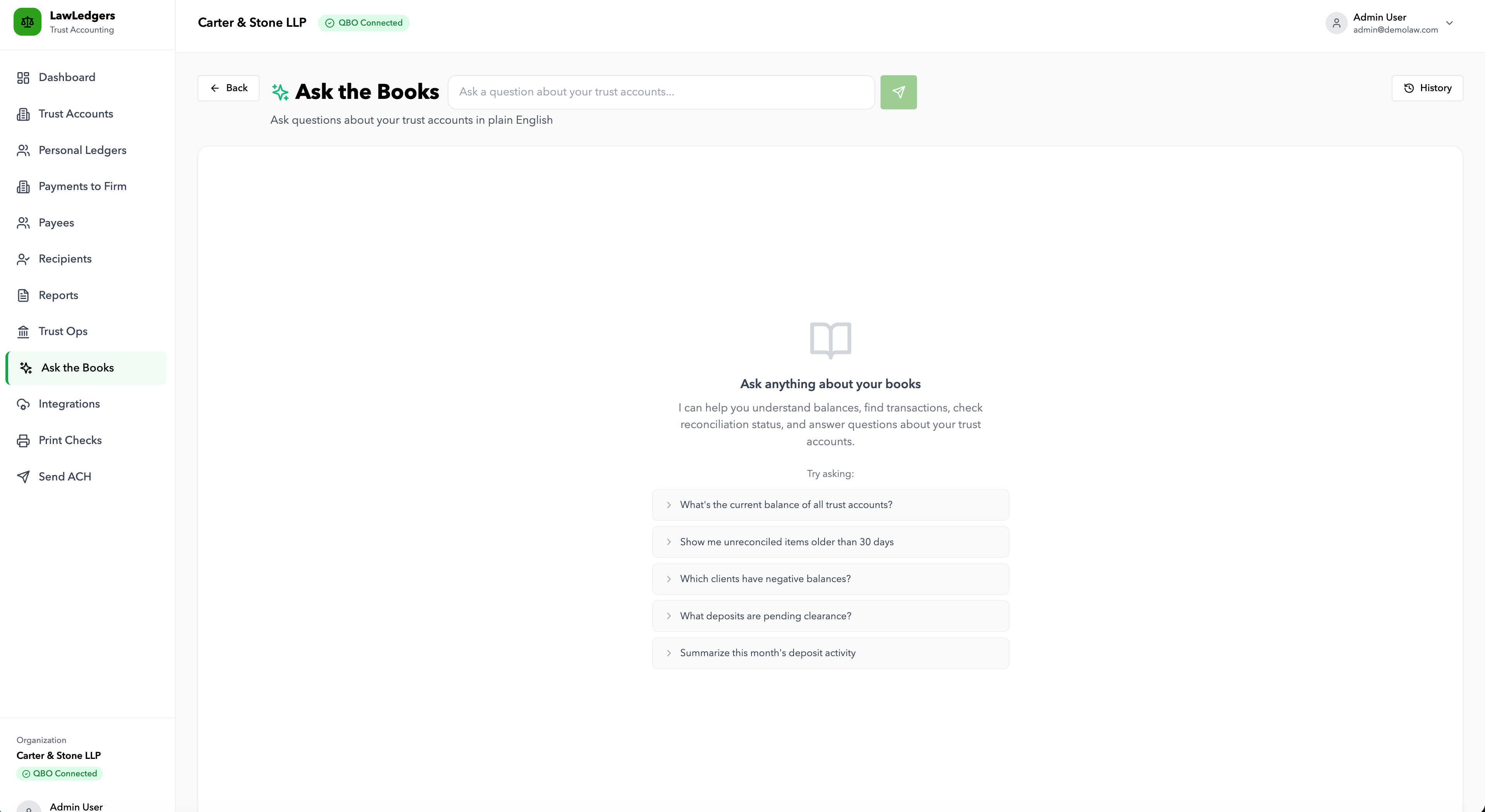 Ask the Books assistant answering trust-account questions, reconciliation checks, and balance insights in plain English.